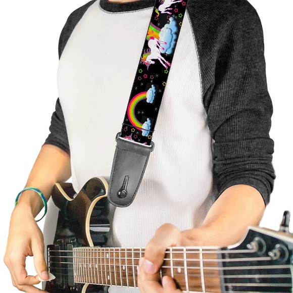 Buckle-Down Unicorns Rainbows and Stars Black Guitar Strap - Picture 1 of 10